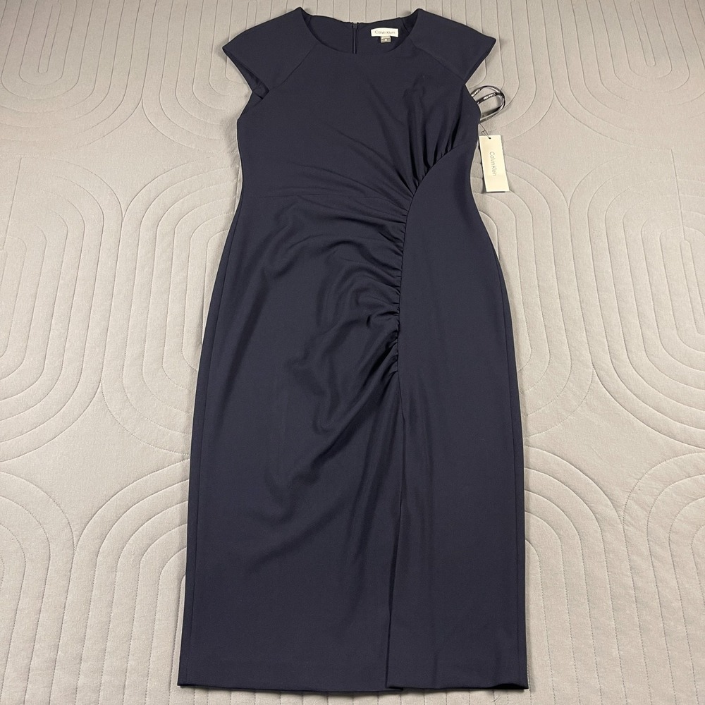 Calvin Klein Dress Womens 10 Navy Blue Sheath Ruched Cap Sleeve Midi NWT